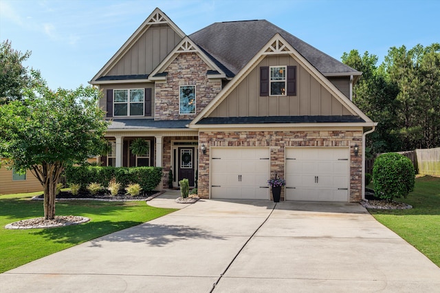craftsman-style house featuring board and batten siding, driveway, a garage, stone siding, and a shingled roof