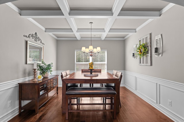 dining space with dark wood-style floors, coffered ceiling, a chandelier, beam ceiling, and wainscoting