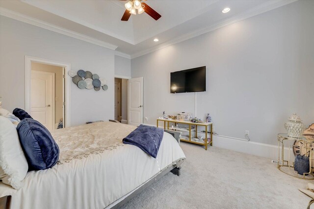 bedroom featuring ceiling fan, crown molding, and carpet