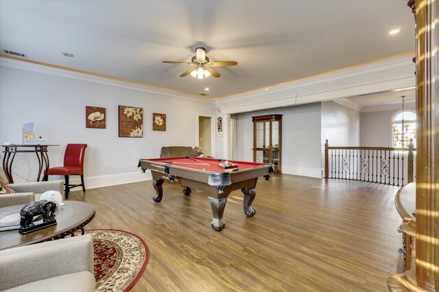 playroom featuring wood-type flooring, ceiling fan, ornamental molding, and billiards