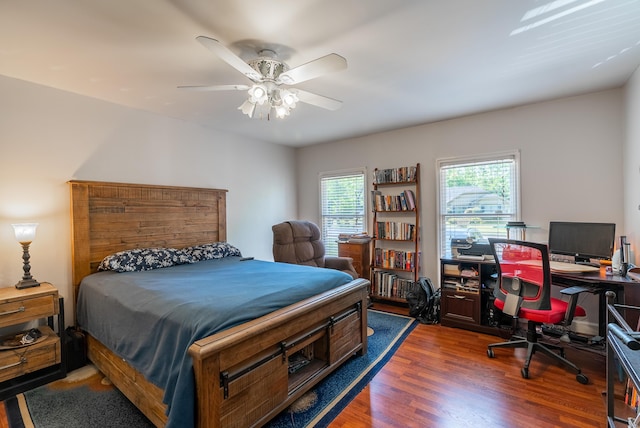 bedroom featuring ceiling fan, dark hardwood / wood-style floors, and multiple windows