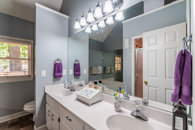 bathroom with a shower with shower door, vanity, and toilet