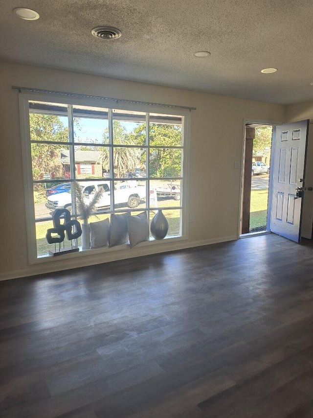 empty room featuring a textured ceiling, plenty of natural light, and dark wood-type flooring