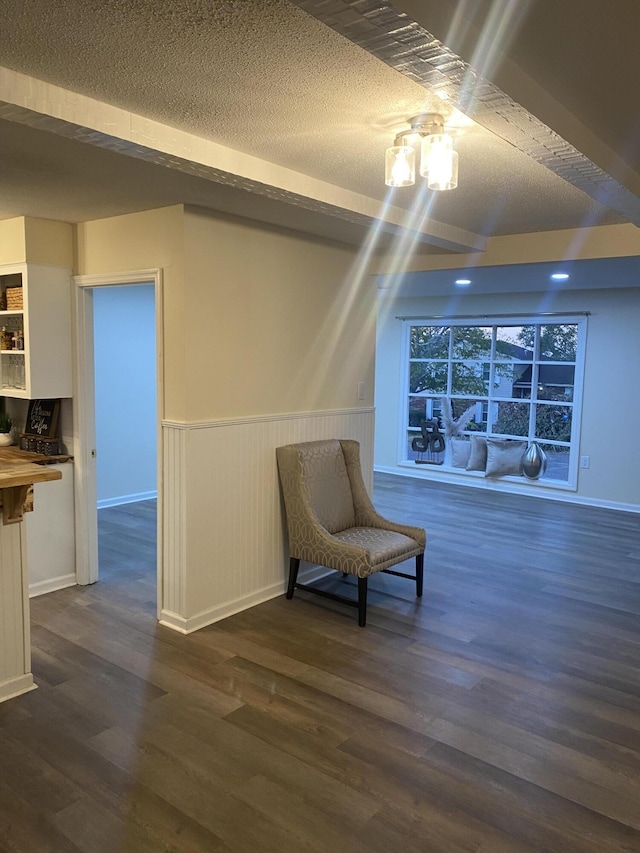 living area featuring dark wood-type flooring and a textured ceiling