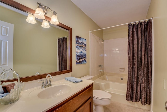 full bathroom with toilet, tile patterned flooring, shower / bath combo, and vanity