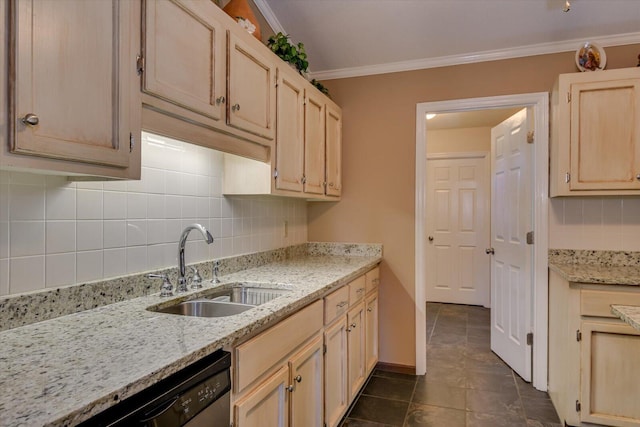 kitchen featuring tasteful backsplash, sink, light stone countertops, light brown cabinets, and ornamental molding