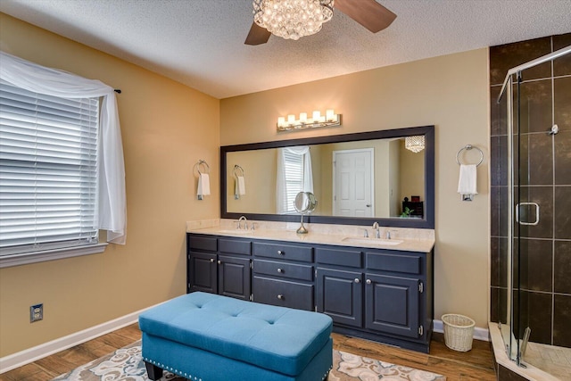 bathroom with vanity, wood-type flooring, and a textured ceiling