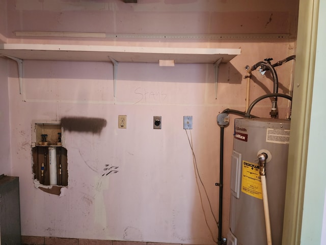 clothes washing area with hookup for an electric dryer, hookup for a washing machine, and water heater