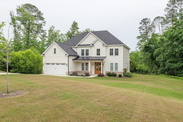 552 River Oaks Ln, Evans, GA 30809 - traditional home with a front lawn, board and batten siding, driveway, and a standing seam roof