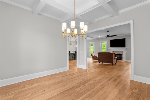 552 River Oaks Ln, Evans, GA 30809 - unfurnished dining area with coffered ceiling, beam ceiling, light wood finished floors, a brick fireplace, and ceiling fan