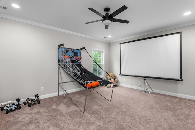 552 River Oaks Ln, Evans, GA 30809 - carpeted home theater room with crown molding, baseboards, a ceiling fan, and recessed lighting