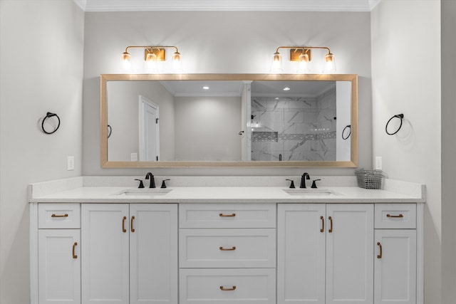 552 River Oaks Ln, Evans, GA 30809 - bathroom featuring ornamental molding, a marble finish shower, and double vanity