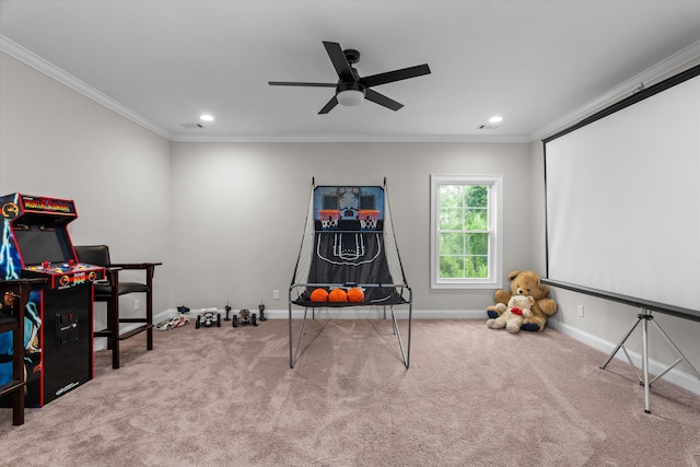 552 River Oaks Ln, Evans, GA 30809 - game room featuring ceiling fan, ornamental molding, baseboards, carpet flooring, and recessed lighting