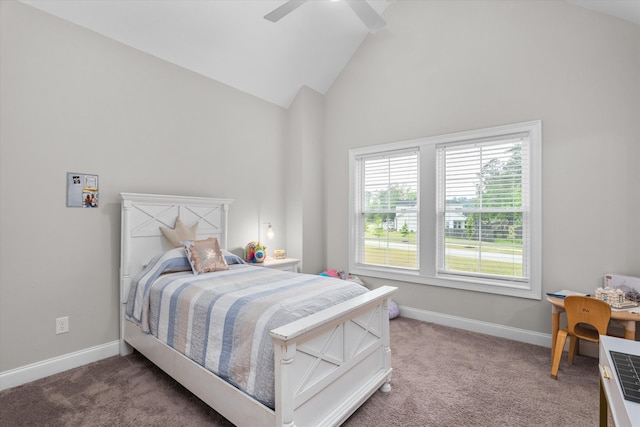 552 River Oaks Ln, Evans, GA 30809 - bedroom with carpet, vaulted ceiling, baseboards, and a ceiling fan