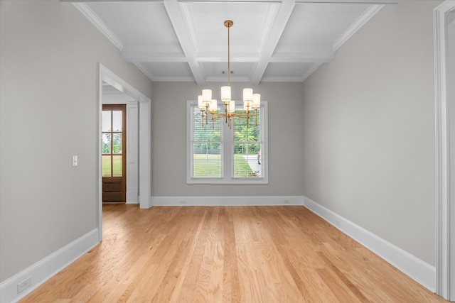 552 River Oaks Ln, Evans, GA 30809 - unfurnished dining area with a chandelier, light wood-style floors, beamed ceiling, baseboards, and ornamental molding