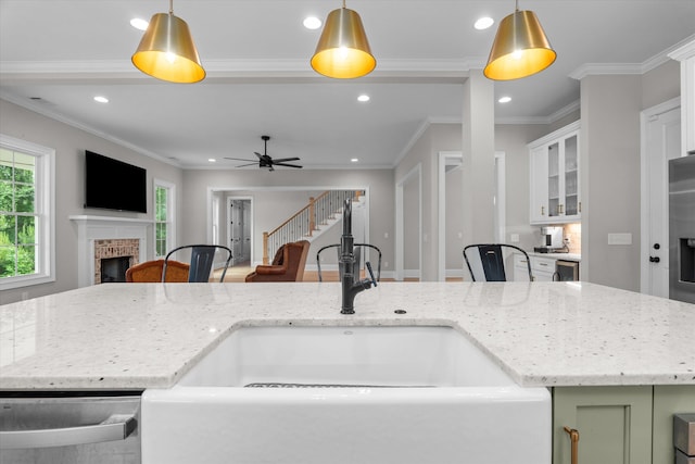 552 River Oaks Ln, Evans, GA 30809 - kitchen featuring a sink, a fireplace, recessed lighting, stainless steel dishwasher, and open floor plan
