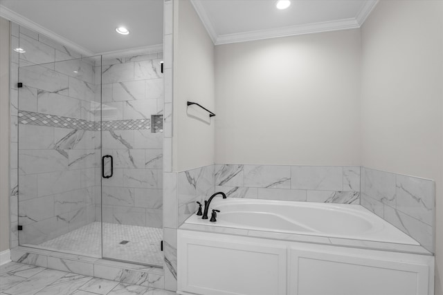 552 River Oaks Ln, Evans, GA 30809 - bathroom with ornamental molding, a bath, marble look tiles, a stall shower, and recessed lighting