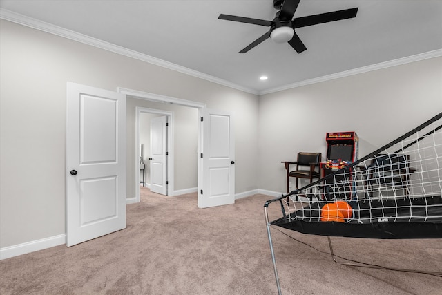 552 River Oaks Ln, Evans, GA 30809 - rec room with ceiling fan, ornamental molding, baseboards, carpet, and recessed lighting