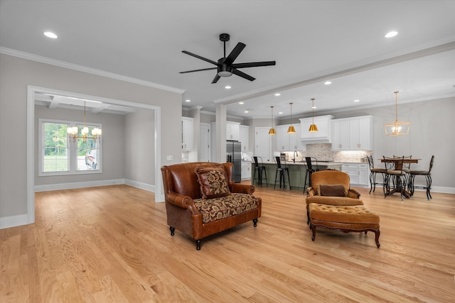 552 River Oaks Ln, Evans, GA 30809 - living area featuring a chandelier, light wood finished floors, recessed lighting, baseboards, and beam ceiling