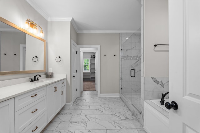 552 River Oaks Ln, Evans, GA 30809 - full bathroom featuring marble look tile flooring, a stall shower, crown molding, vanity, and baseboards
