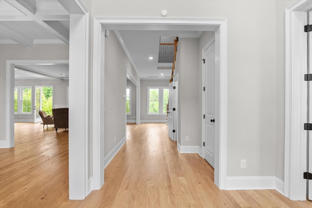552 River Oaks Ln, Evans, GA 30809 - hallway featuring plenty of natural light, light wood-style flooring, crown molding, baseboards, and recessed lighting