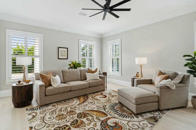 29 Savannah River Pl, North Augusta, SC 29841 - living area featuring baseboards, ornamental molding, ceiling fan, and wood finished floors