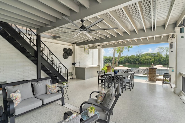 29 Savannah River Pl, North Augusta, SC 29841 - view of patio / terrace featuring a ceiling fan, stairway, a fenced in pool, outdoor lounge area, and outdoor dining space
