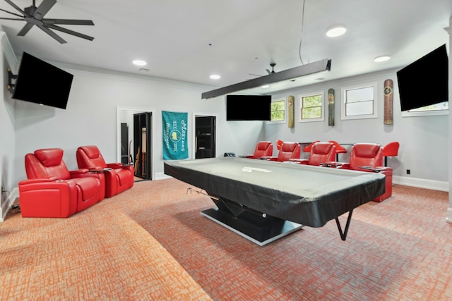 29 Savannah River Pl, North Augusta, SC 29841 - playroom with ornamental molding, billiards, ceiling fan, recessed lighting, and carpet flooring