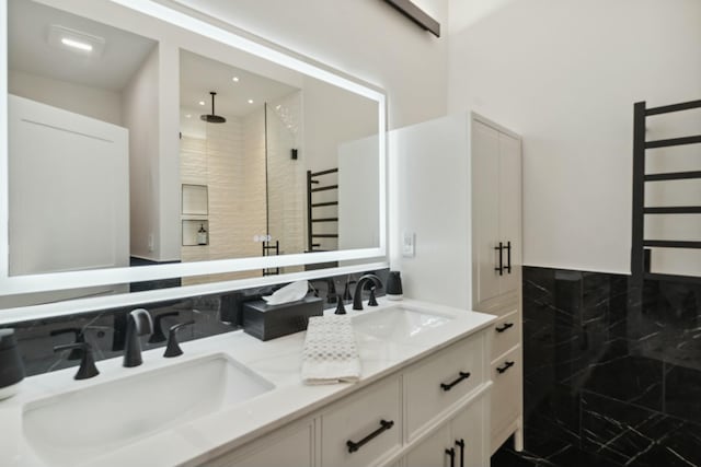 29 Savannah River Pl, North Augusta, SC 29841 - bathroom with double vanity, a sink, radiator heating unit, and a tile shower