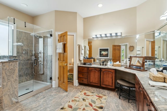 29 Savannah River Pl, North Augusta, SC 29841 - bathroom featuring vanity, recessed lighting, a stall shower, and a wealth of natural light