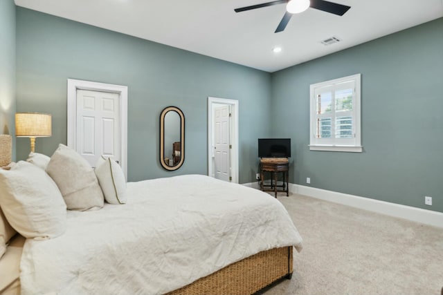 29 Savannah River Pl, North Augusta, SC 29841 - carpeted bedroom with connected bathroom, ceiling fan, recessed lighting, baseboards, and visible vents