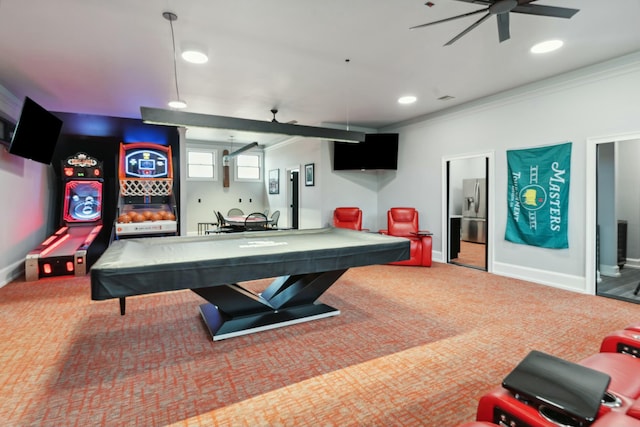 29 Savannah River Pl, North Augusta, SC 29841 - playroom featuring ornamental molding, baseboards, billiards, recessed lighting, and a ceiling fan