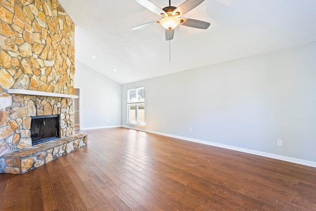 661 Kemper Dr, Evans, GA 30809 - unfurnished living room featuring a stone fireplace, ceiling fan, hardwood / wood-style floors, and high vaulted ceiling