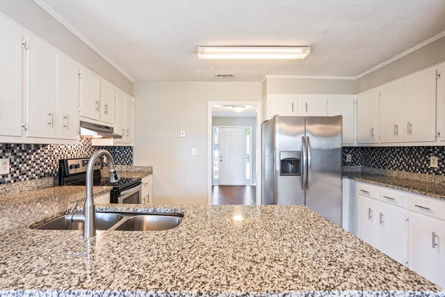 661 Kemper Dr, Evans, GA 30809 - kitchen featuring appliances with stainless steel finishes, under cabinet range hood, light stone counters, white cabinets, and ornamental molding
