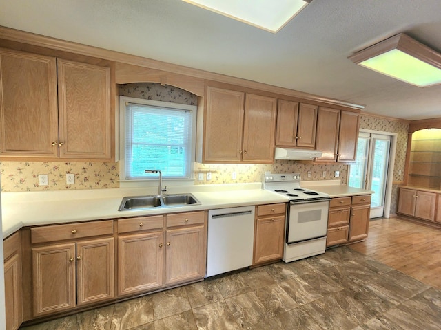 2023 Pisgah Rd, North Augusta, SC 29841 - kitchen featuring white appliances, under cabinet range hood, wallpapered walls, and light countertops