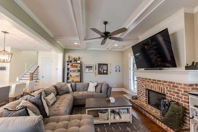 719 Nuttall St, Evans, GA 30809 - living room with dark wood-style flooring, stairs, ceiling fan, coffered ceiling, and beamed ceiling