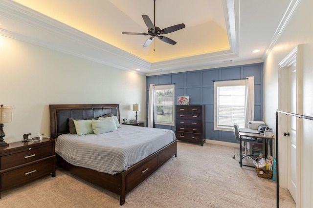 719 Nuttall St, Evans, GA 30809 - bedroom with a tray ceiling, crown molding, light carpet, and a ceiling fan