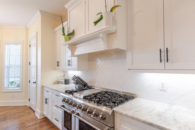 719 Nuttall St, Evans, GA 30809 - kitchen featuring double oven range, custom range hood, tasteful backsplash, ornamental molding, and wood finished floors