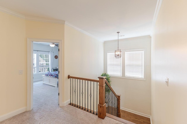 719 Nuttall St, Evans, GA 30809 - corridor featuring crown molding, an upstairs landing, a chandelier, and carpet flooring