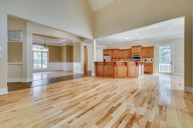 unfurnished living room with sink, plenty of natural light, light hardwood / wood-style floors, and ornamental molding