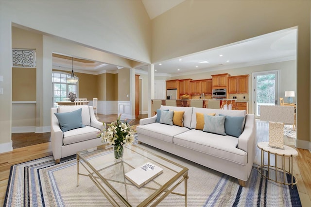 living room with light wood-type flooring, crown molding, and sink