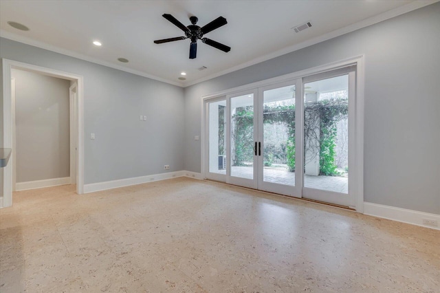 empty room featuring french doors, ceiling fan, and crown molding