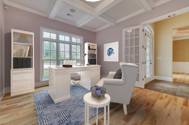 office area featuring beamed ceiling, light wood-type flooring, french doors, and coffered ceiling