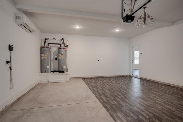 garage featuring a garage door opener, a wall unit AC, and water heater