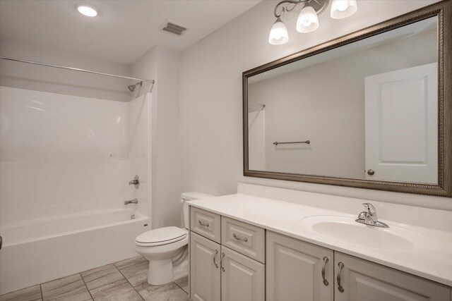 full bathroom with vanity,  shower combination, and toilet