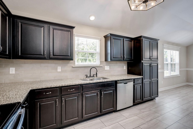 5186 Copse Dr, Augusta, GA 30909 - kitchen featuring dishwasher, tasteful backsplash, healthy amount of natural light, electric stove, and lofted ceiling