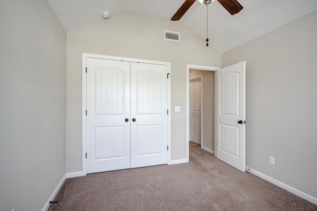 5186 Copse Dr, Augusta, GA 30909 - unfurnished bedroom with carpet floors, vaulted ceiling, a closet, and ceiling fan