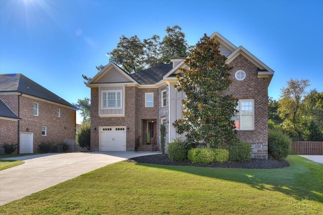 view of front property with a garage, a front lawn, and central air condition unit