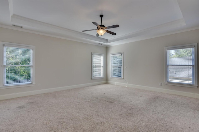 carpeted empty room featuring plenty of natural light, ceiling fan, and a tray ceiling