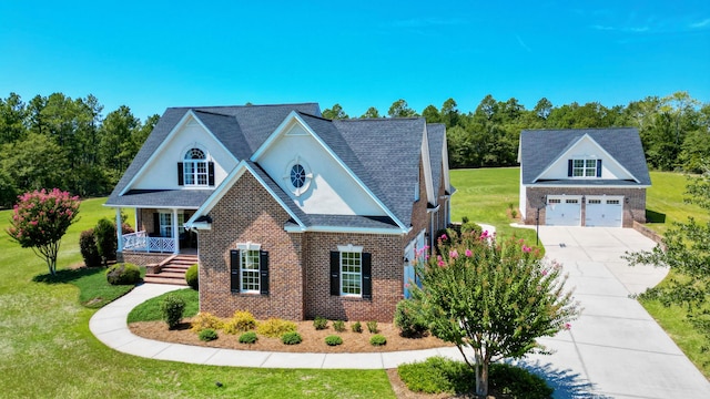 view of front facade with a garage, a porch, and a front yard